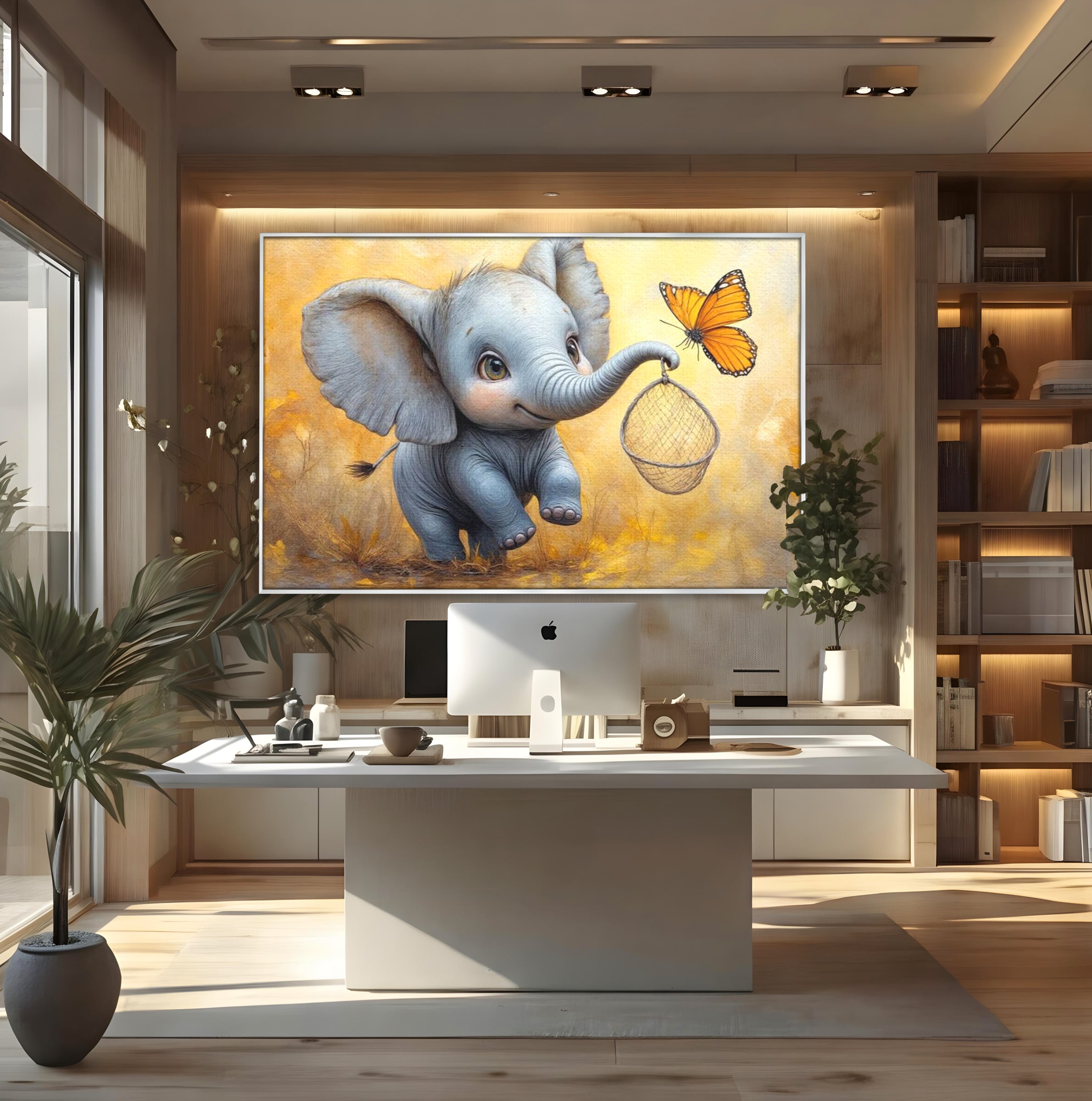 Tablou canvas cu ilustratie cu elefantel si fluture, in rama de aluminiu argintiu, pe perete intr-un birou